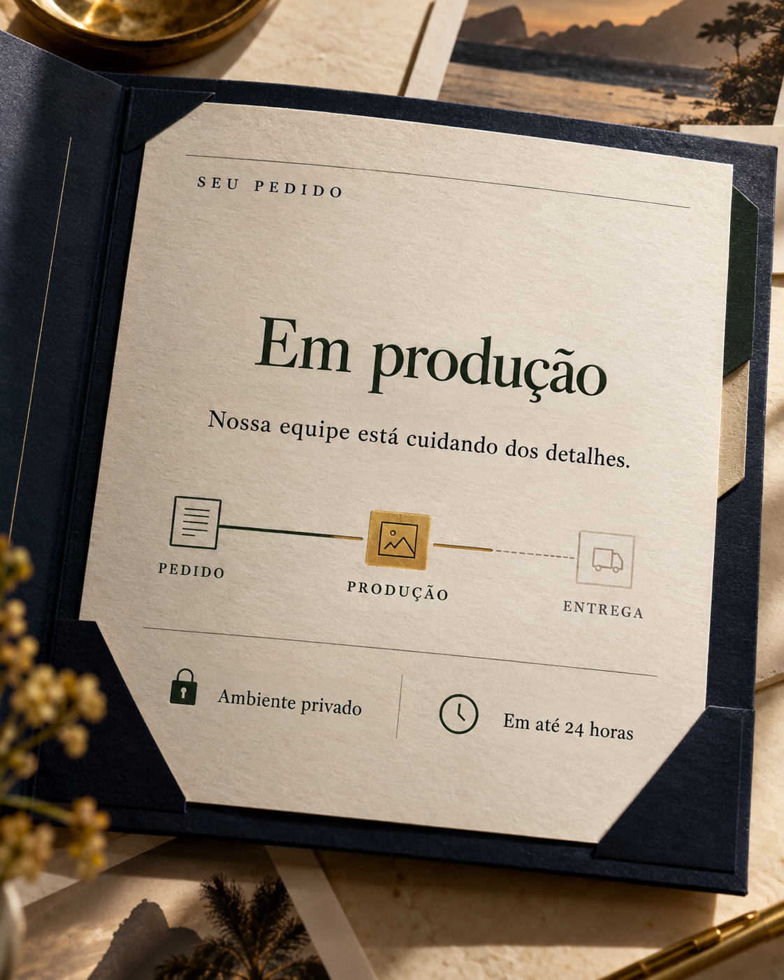 Pasta de produção fotográfica com o pedido em produção, etapas de pedido, produção e entrega, ambiente privado e prazo de até 24 horas