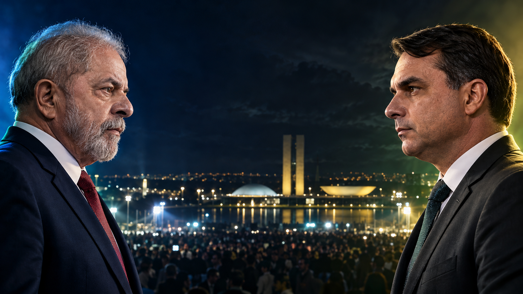 Montagem conceitual fictícia de Lula e Flávio Bolsonaro frente a frente em uma cena eleitoral cinematográfica